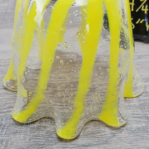 Handkerchief Vase ART GLASS Yellow Striped Ruffled 4.75" Bubbles Gorgeous Design - Picture 11 of 12